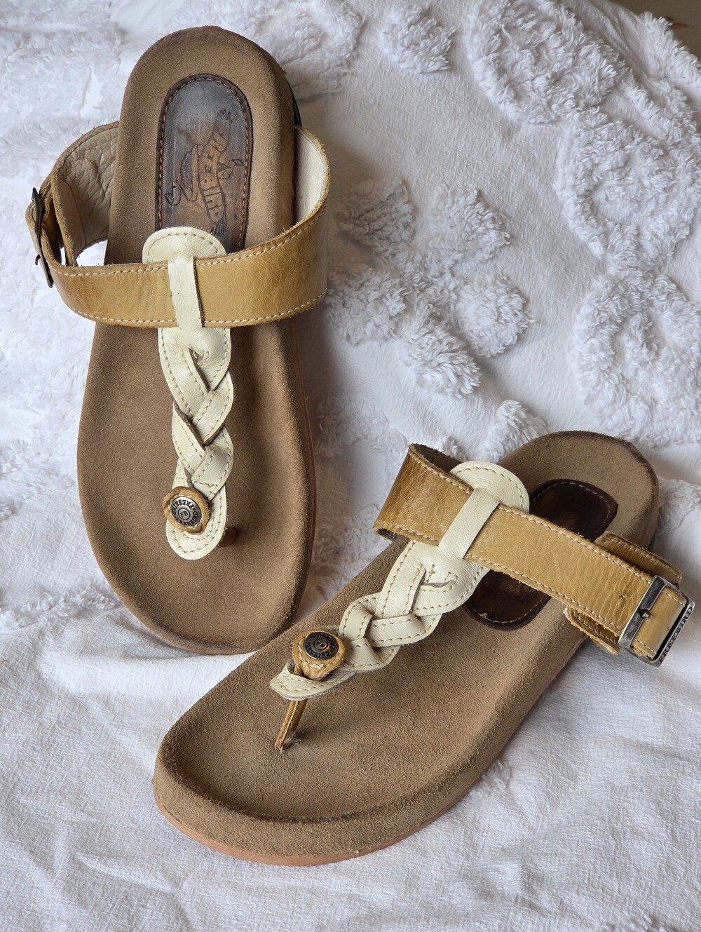 Freebird Braided Tan + Cream Leather Thong Sandals Athena Sz 7 Boho Festival